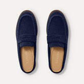 The Penny Loafer Mule in ReVelvet Navy shown from the top.