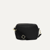 PLP |The Crossbody Camera Bag in Black Licorice Open-Knit, shown from the front.