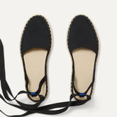 Overlay:: Removable ankle straps! | Alt:: The D'Orsay Espadrille in Black shown from the top.