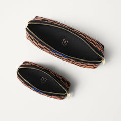 The Vanity Set in ReVelvet™ Umber Check shown from the top with zipper closure open.