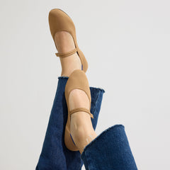 hover | Model wearing The Square Mary Jane in Wren. 