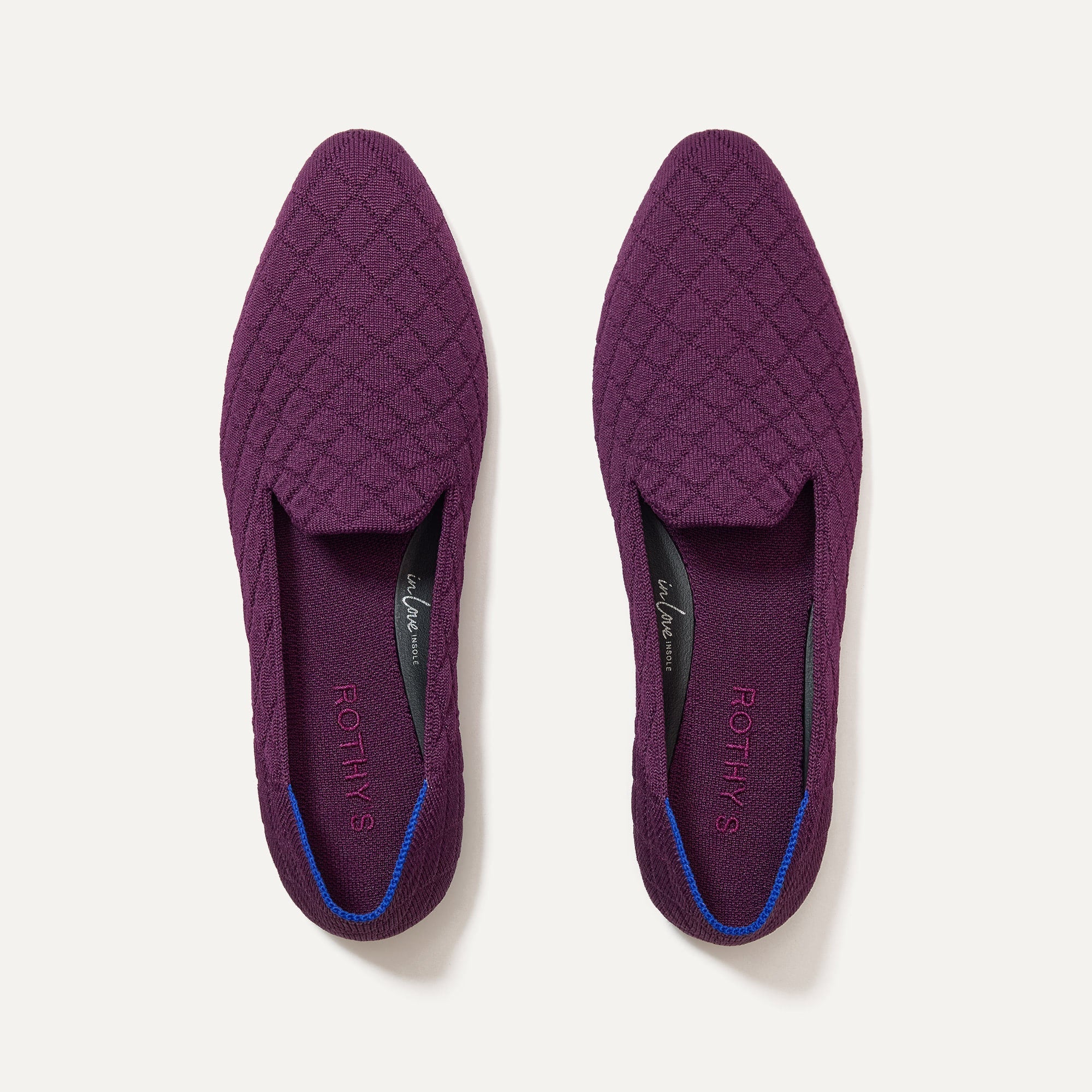 The Almond Loafer in Quilted Plum shown from the top. 