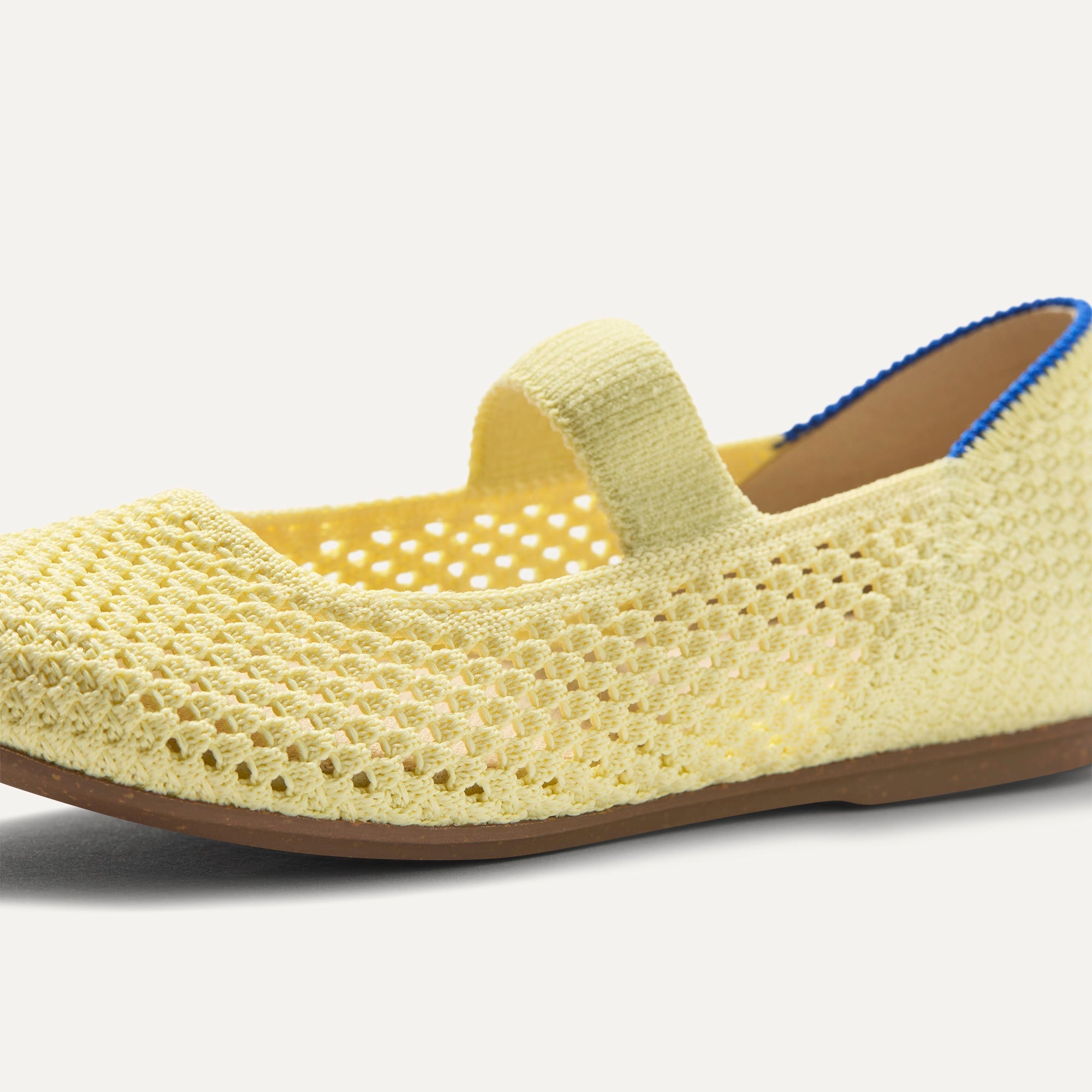 Close up of the toe and vamp of The Kids Mary Jane in Lemonade Open-Knit.