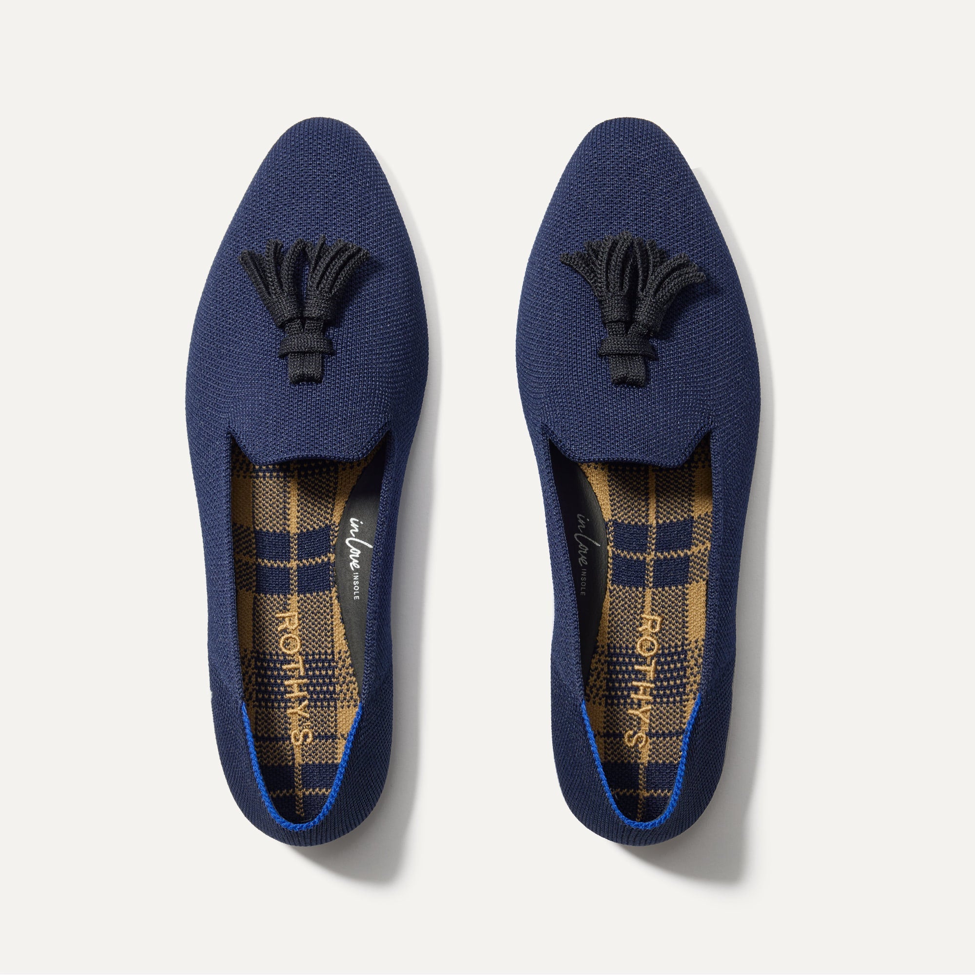 The Almond Tassel Loafer in Deep Navy shown from the top. 