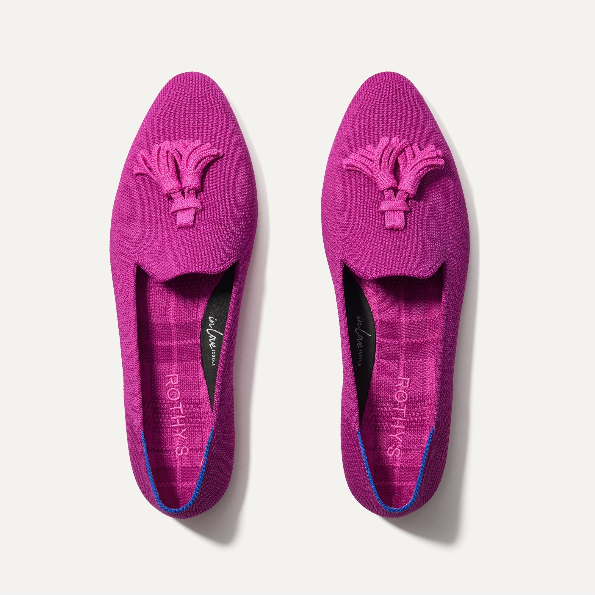 The Almond Tassel Loafer in Pink Bramble shown from the top. 