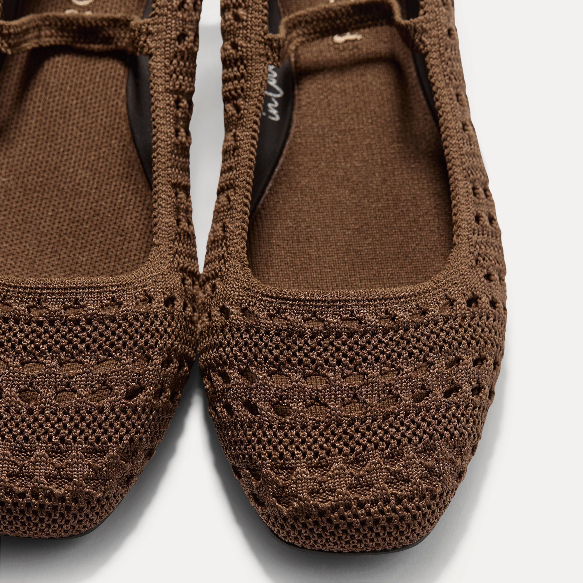 Top view of the square toe and rounded vamp of The Max Square Mary Jane in Cinnamon Crochet.
