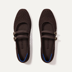 The Double Buckle Mary Jane in Chocolate Mesh shown from the top.