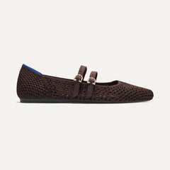 side | The Double Buckle Mary Jane in Chocolate Mesh shown from the side.