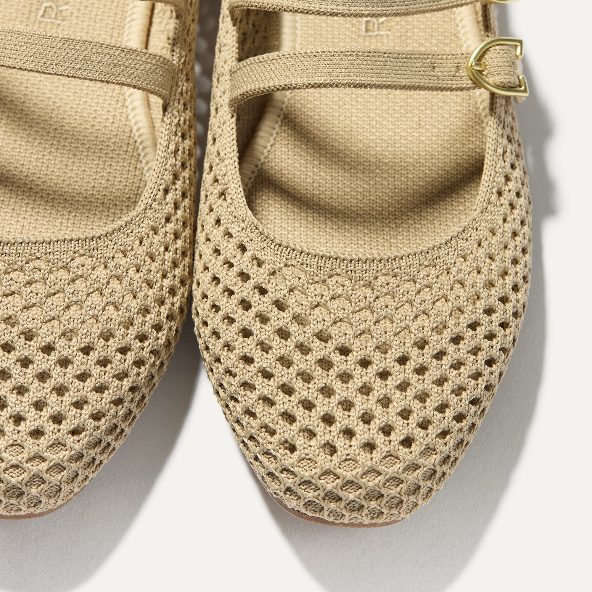 Close up of the toe and vamp of The Double Buckle Mary Jane in Dune Mesh.