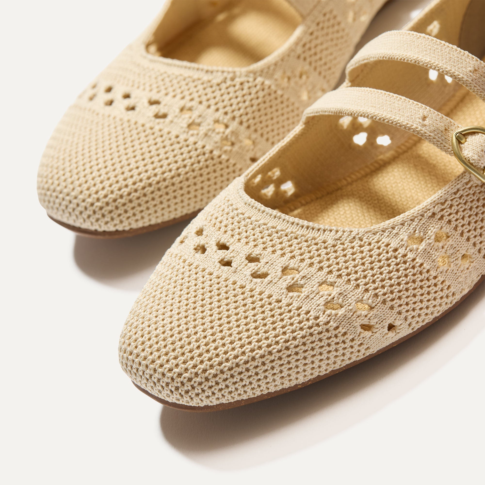 Close up of the toe and vamp of The Double Buckle Mary Jane in Powder Crochet.