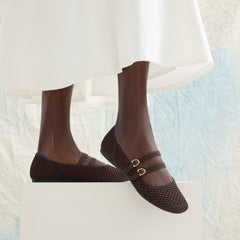 hover | Model wearing The Double Buckle Mary Jane in Chocolate Mesh.