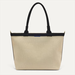 PLP |The Lightweight Zip Tote in Black and White Raffia-Knit shown from the front.