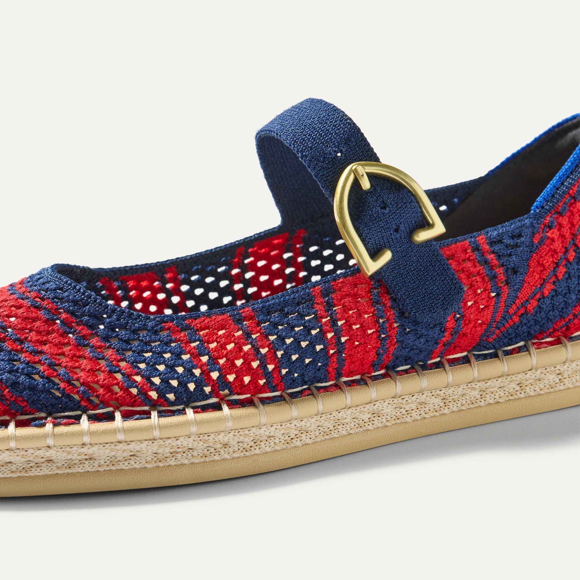 Close up of the vamp of The Espadrille Mary Jane in Cherry Tide. 