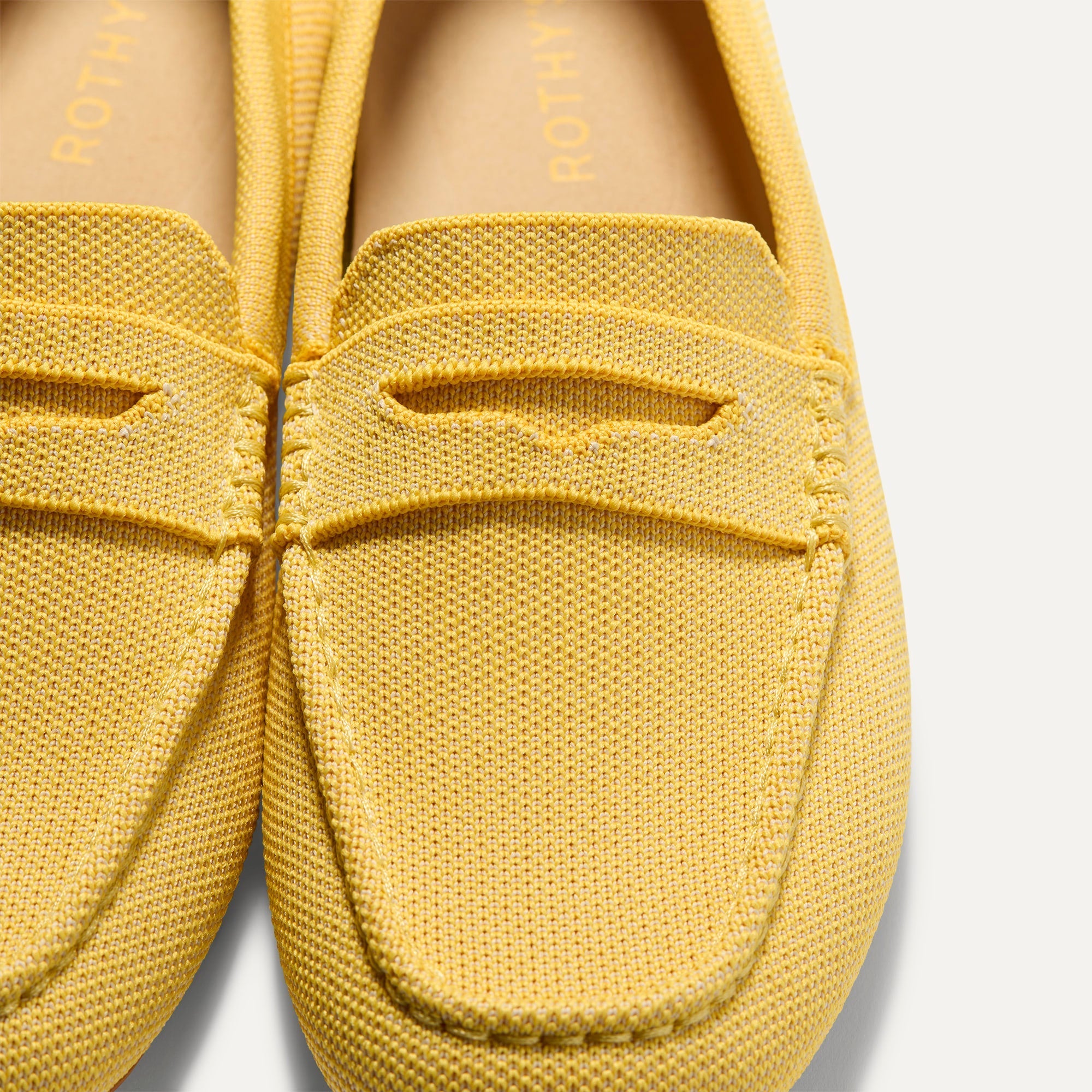 Close up of the toe and vamp of The Daily Driver in Sunwashed Yellow. 
