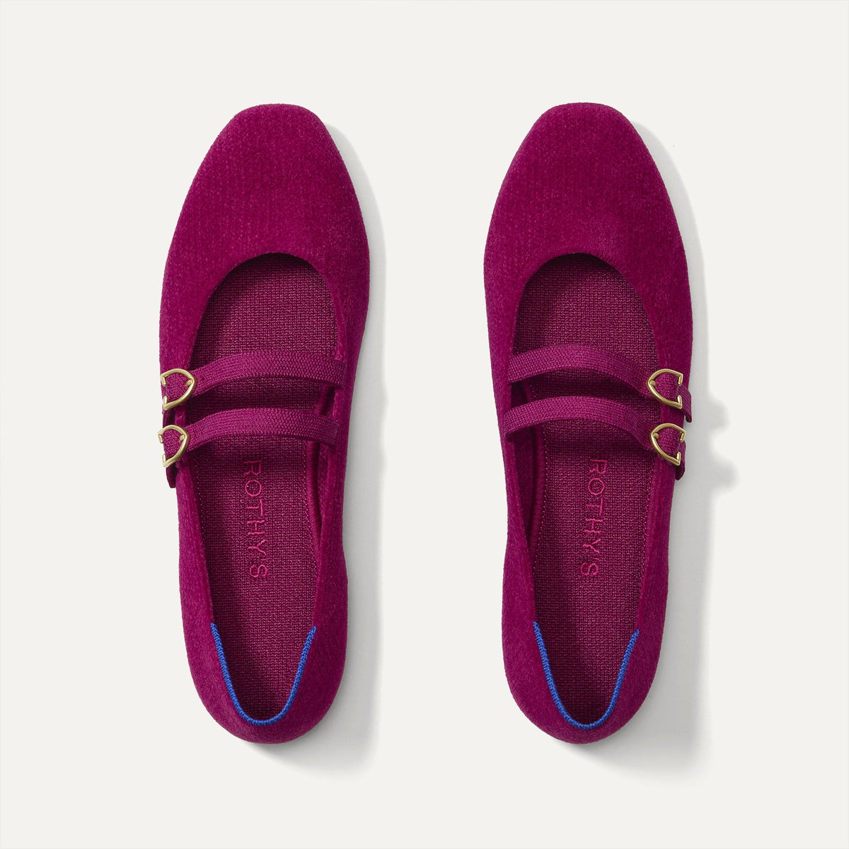 The Double Buckle Mary Jane in ReVelvet Mulberry shown from the top.
