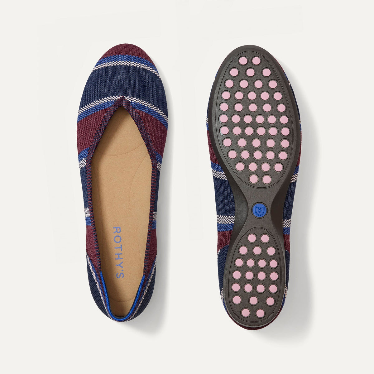 PLP |The Daily Flat in Fig Stripe shown from the top with one shoe showing the outsole. 