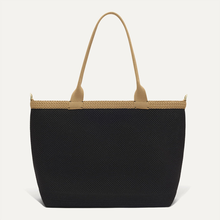 PLP |The Lightweight Zip Tote in Black Espresso Open-Knit shown from the front.