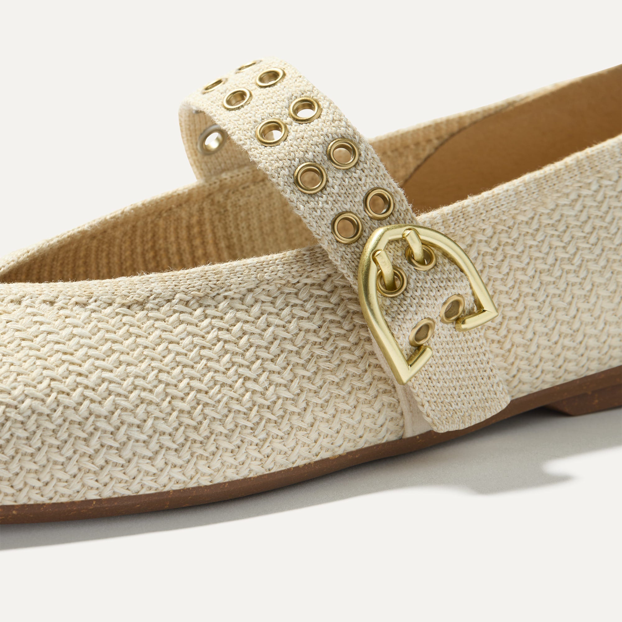 Top view of the square toe and V-shaped vamp of The Max Buckle Mary Jane in Cream Woven.