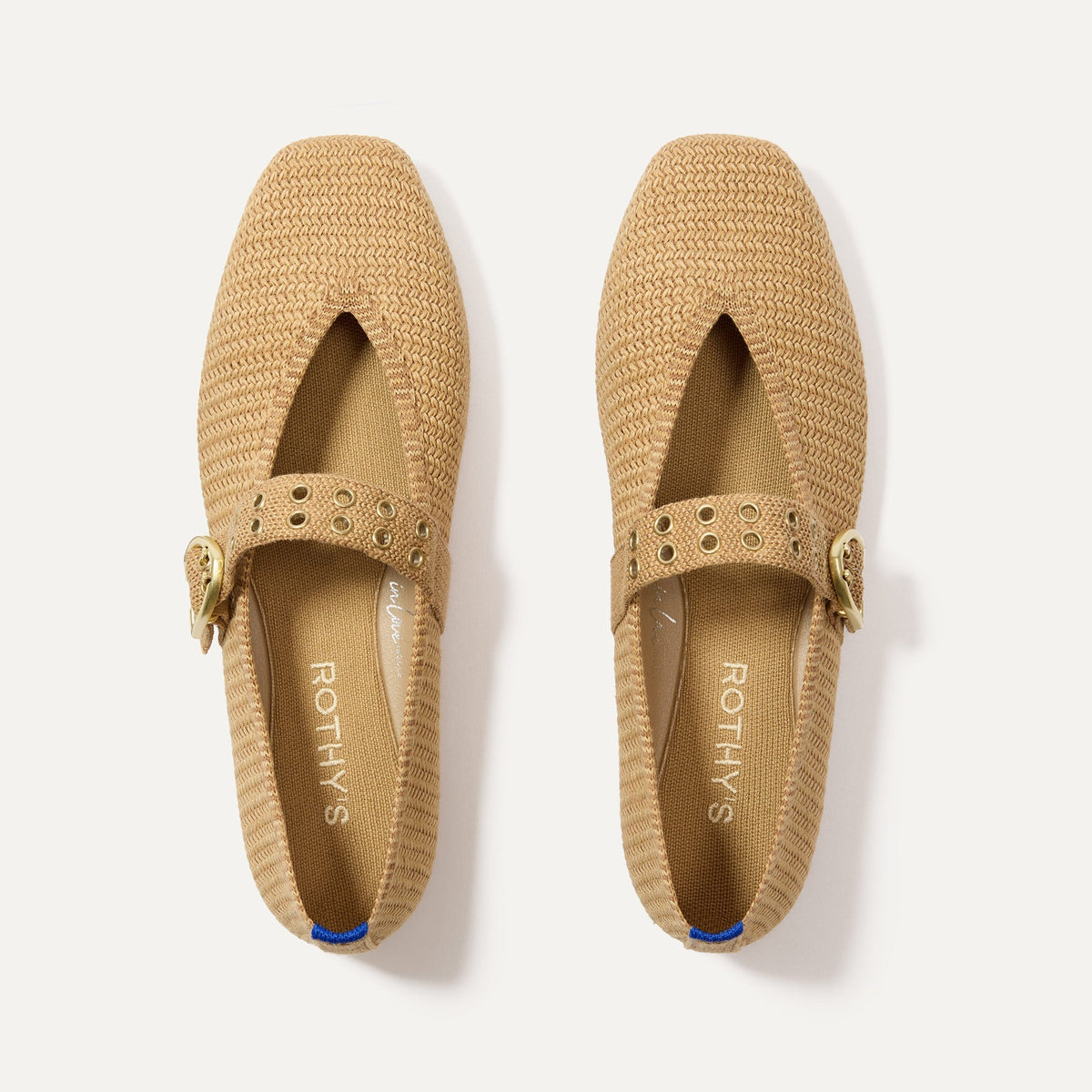 The Max Buckle Mary Jane in Tan Woven shown from the top.