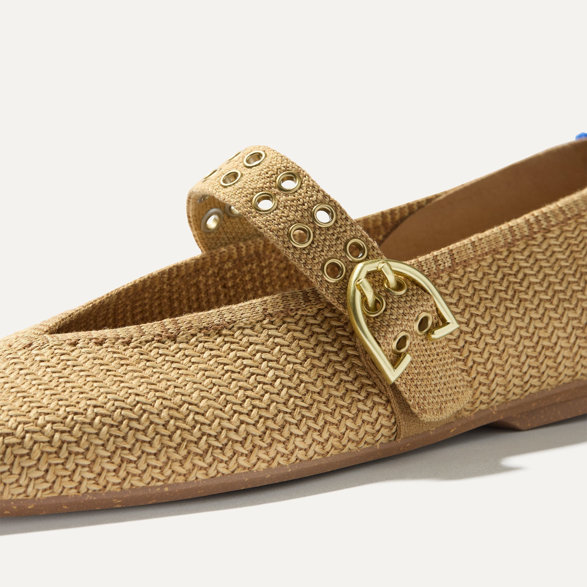 Top view of the square toe and V-shaped vamp of The Max Buckle Mary Jane in Tan Woven.