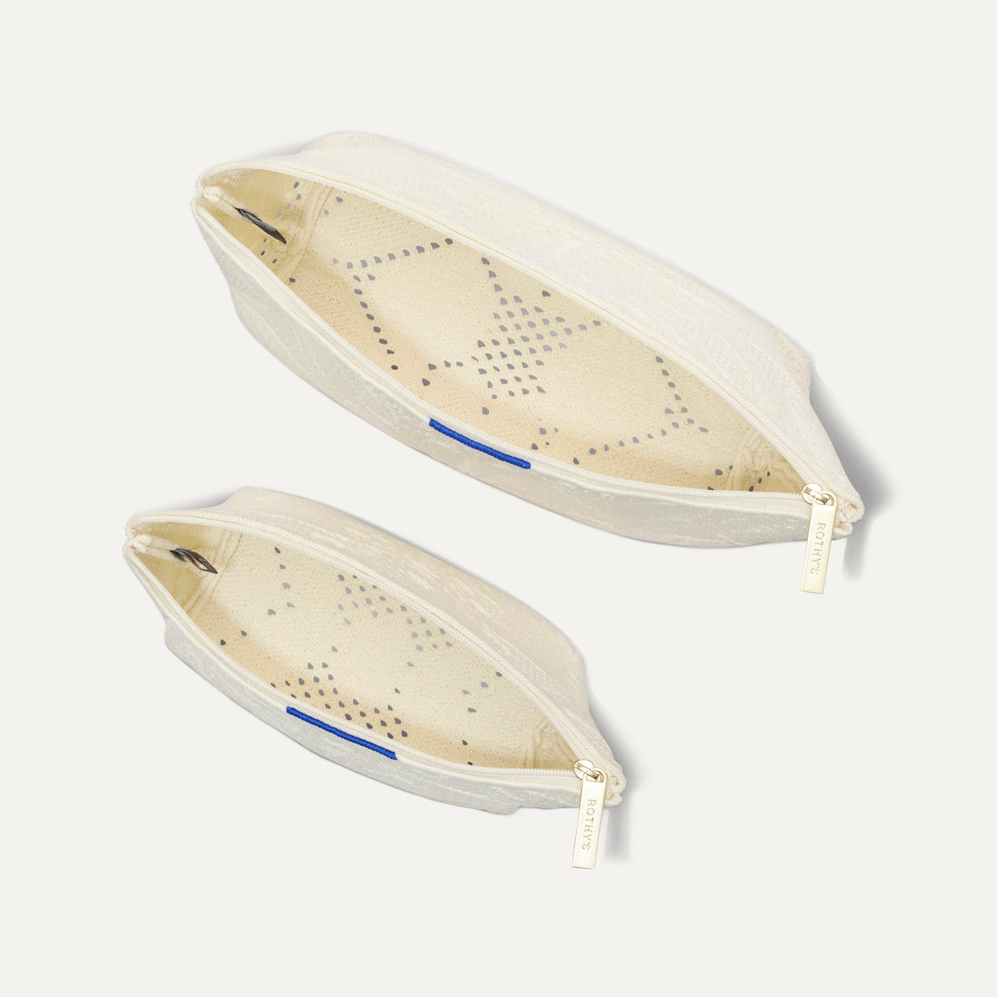 The Travel Pouch Set in Moonflower shown from the top with zipper closure open.