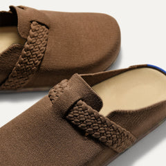 Close up of the braid detail across the top of The Braid Clog in Acorn. 