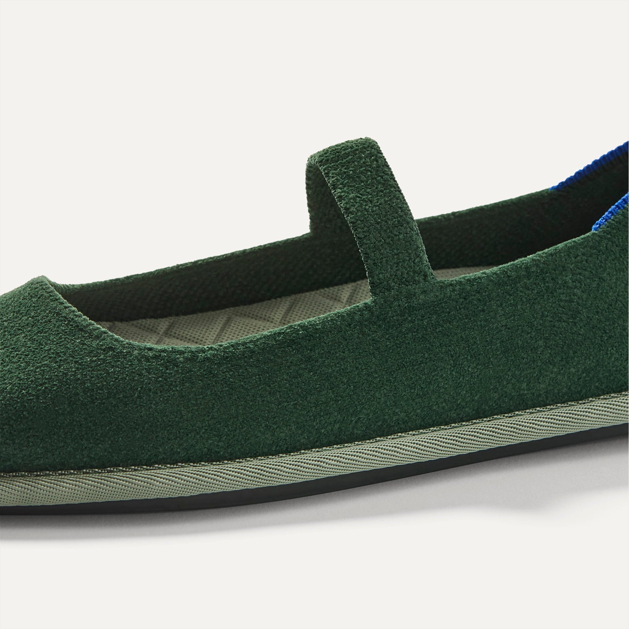 macro | The vamp and top strap of The Cruiser Mary Jane in ReVelvet Woodland. 