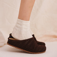 hover | Model wearing The Casual Clog in Chocolate Crochet.