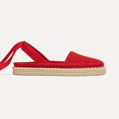 side | The D'Orsay Espadrille in Bright Red Crochet, shown from the side.