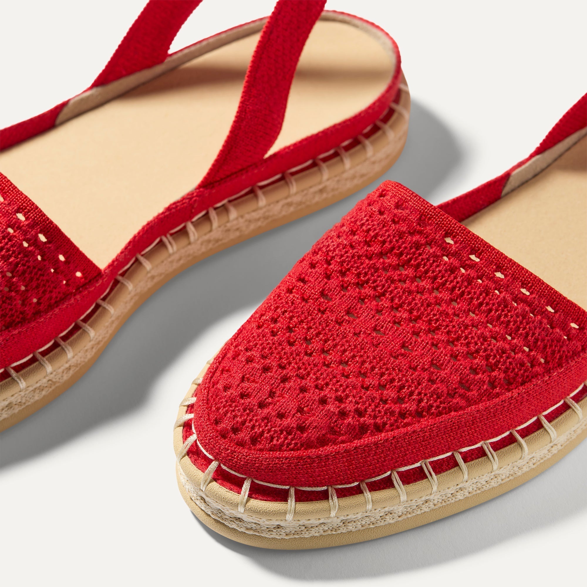 Close up of the vamp of The D'Orsay Espadrille in Bright Red Crochet. 