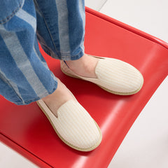hover | Child wearing The Mini Loafer in Cream Puff Stripe. 