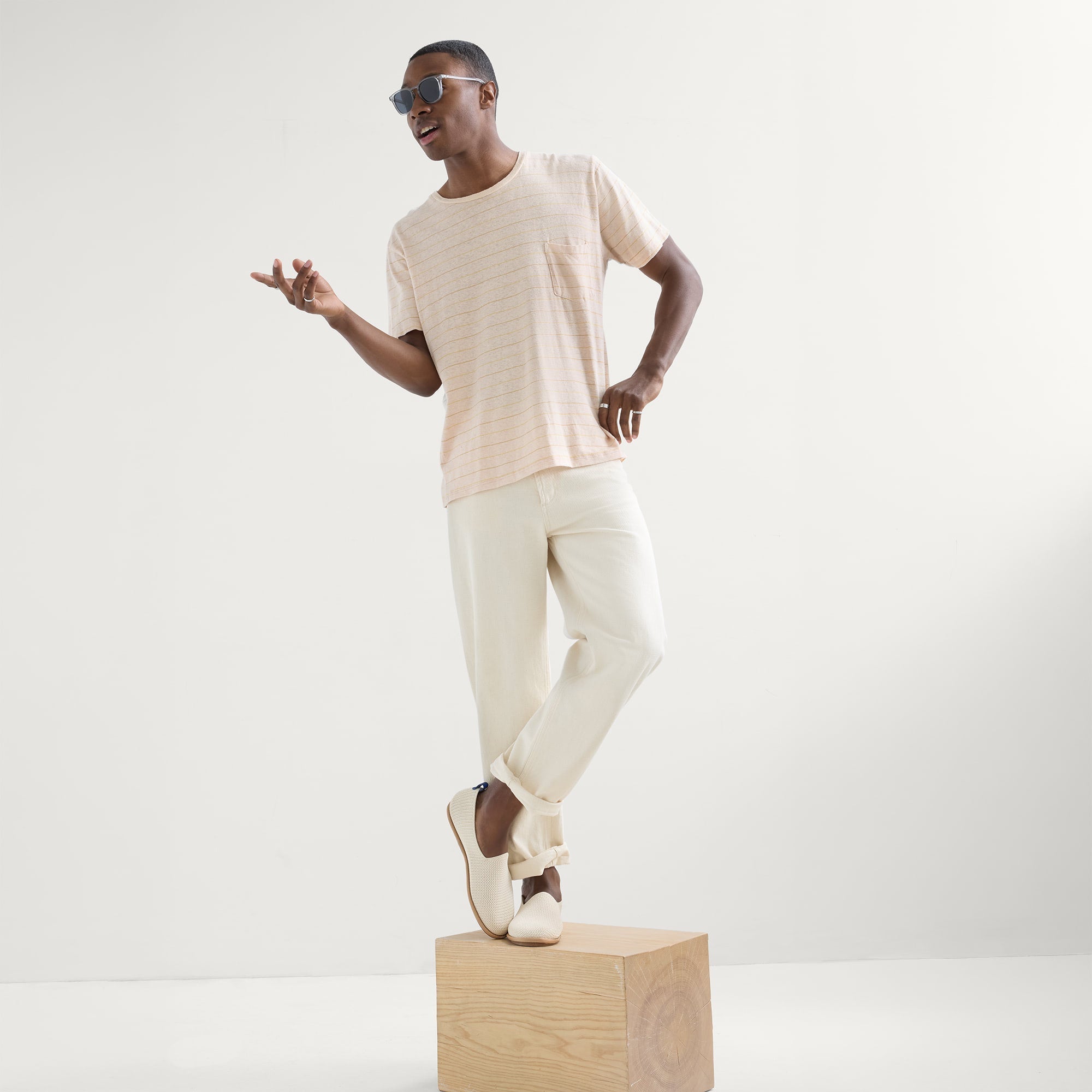 model | Alternate view of a model wearing The Men's Cruiser Loafer in Pebble. 