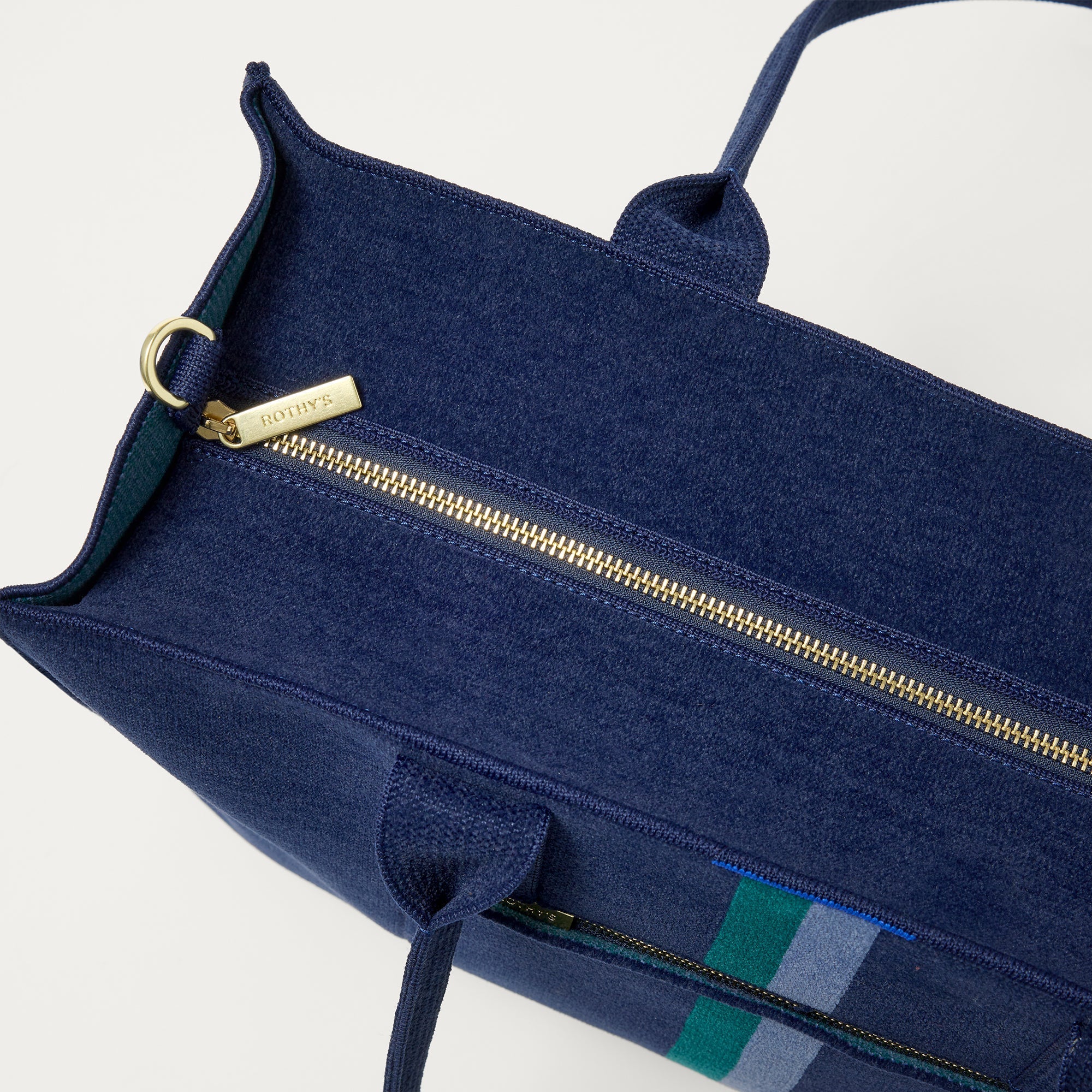 The Classic Tote in ReVelvet Peacock, shown from above, with the top zipper closed. 