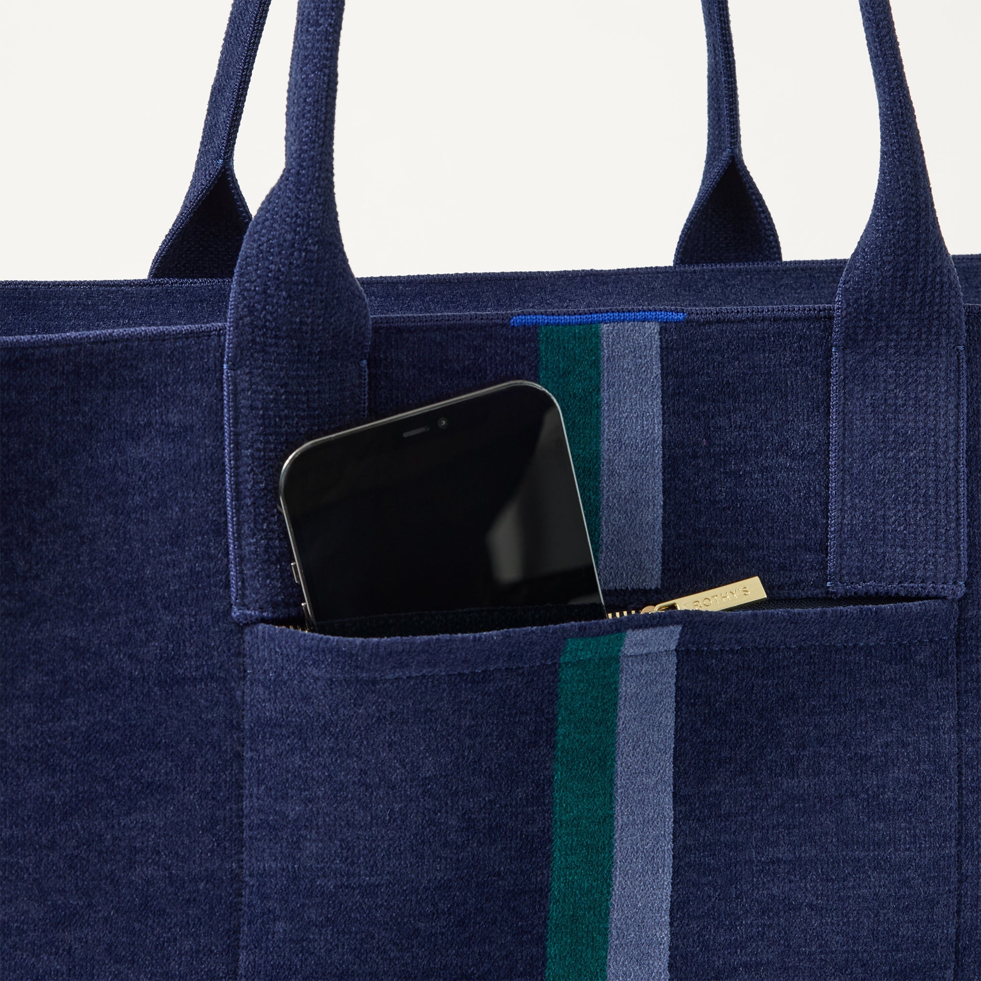A closeup of The Classic Tote in ReVelvet Peacock, focusing on the exterior zip pocket. 