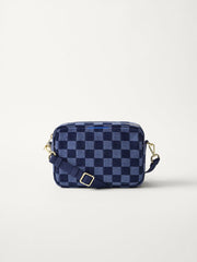 PLP | The Crossbody Camera Bag in  ReVelvet™ Blue Ink, shown from the front. 