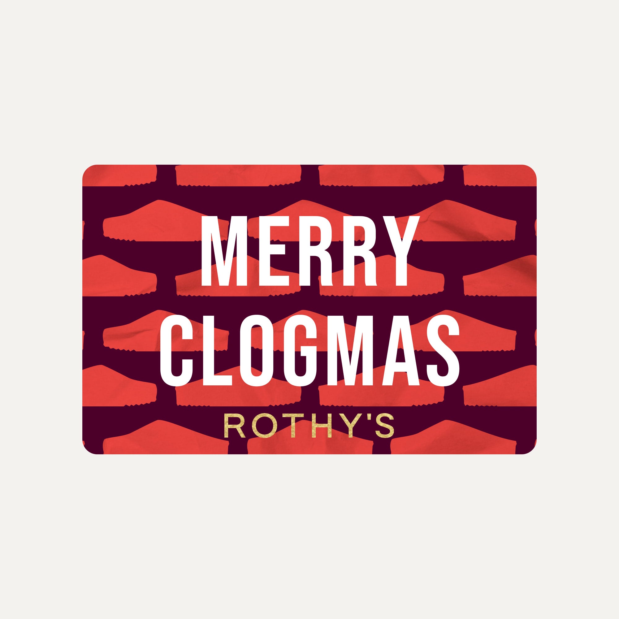 Card with 'Merry Clogmas' text and Rothy's logo on a red brick pattern background